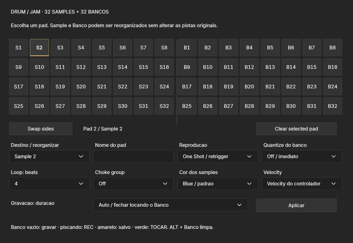 DRUM Jam customization with 32 sample pads, 32 banks, playback, quantization, color and recording controls