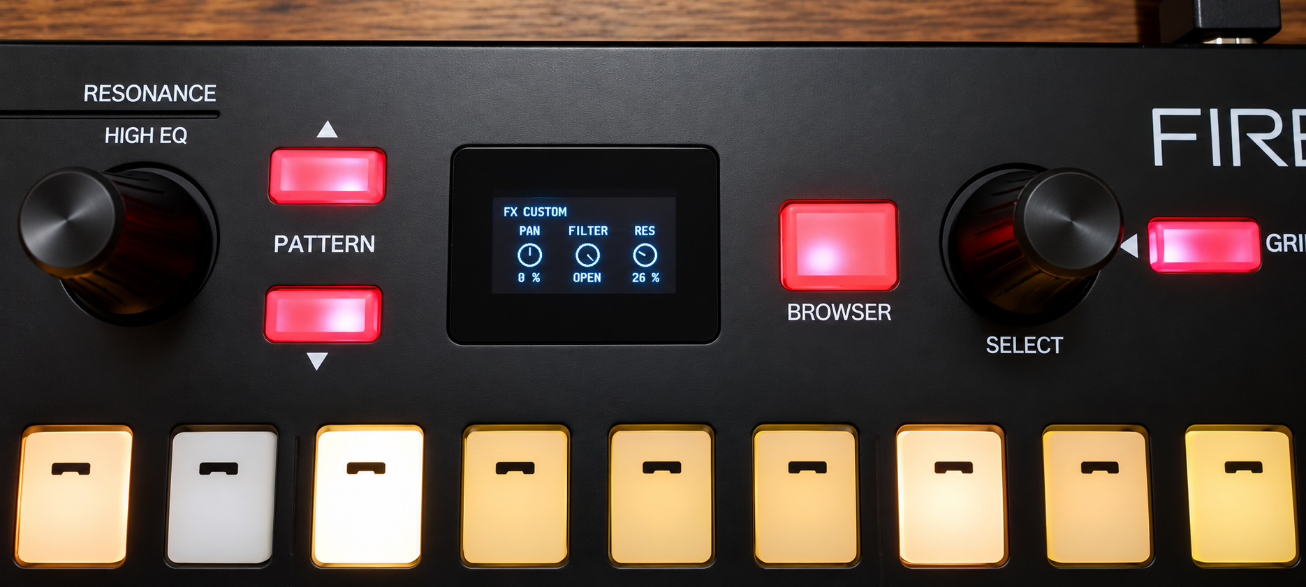 Fire controller display showing three custom FX controls: Pan, Filter and Resonance