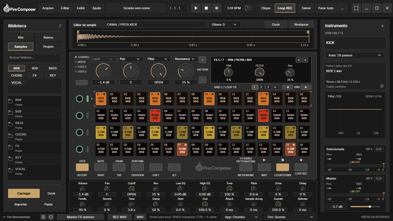 Current FireComposer interface in Portuguese, with native sample folders, mirrored Fire surface, FX banks and meters.