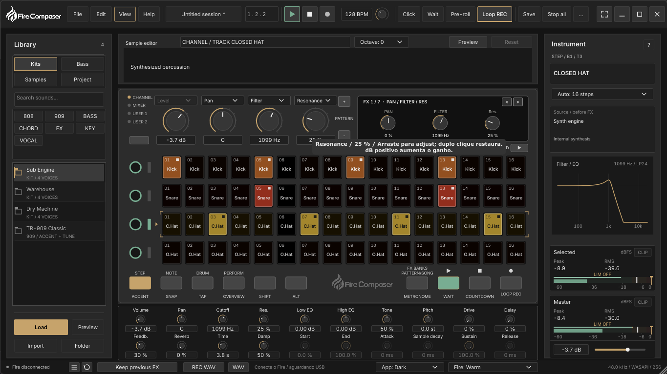Actual FireComposer STEP playback with kick, snare, closed hat and open hat rows, FX controls and active level meters